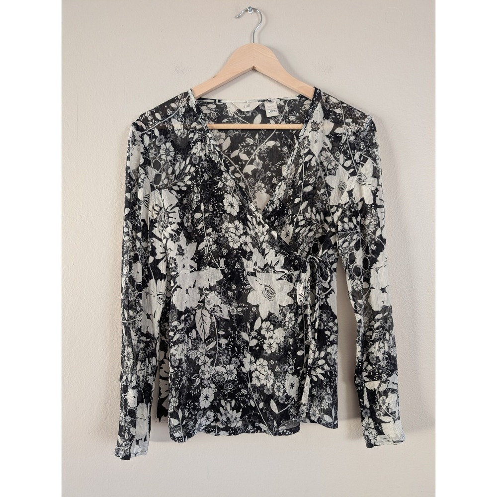 100% Silk Black White Floral Wrap Sheer Top Indie Grunge - No Size, Fits Like XS